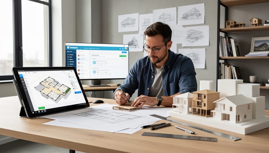 Architect working at a desk with a laptop and architectural model