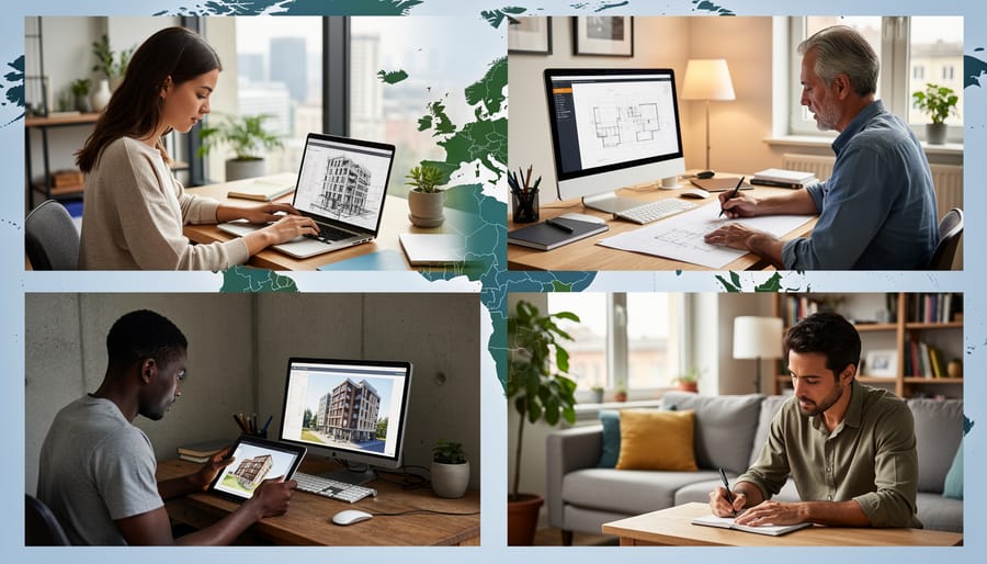 People learning architecture online from home using tablets and laptops