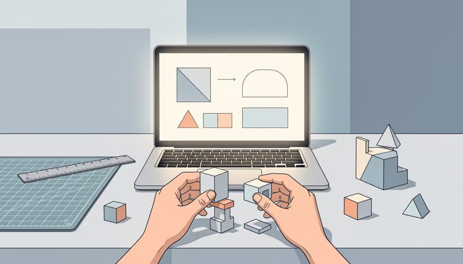 Hands assembling an architectural model frame with tools on a workbench
