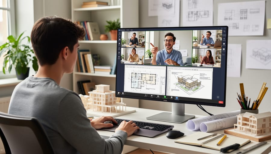 Architects collaborating during a virtual critique session with headphones in a studio