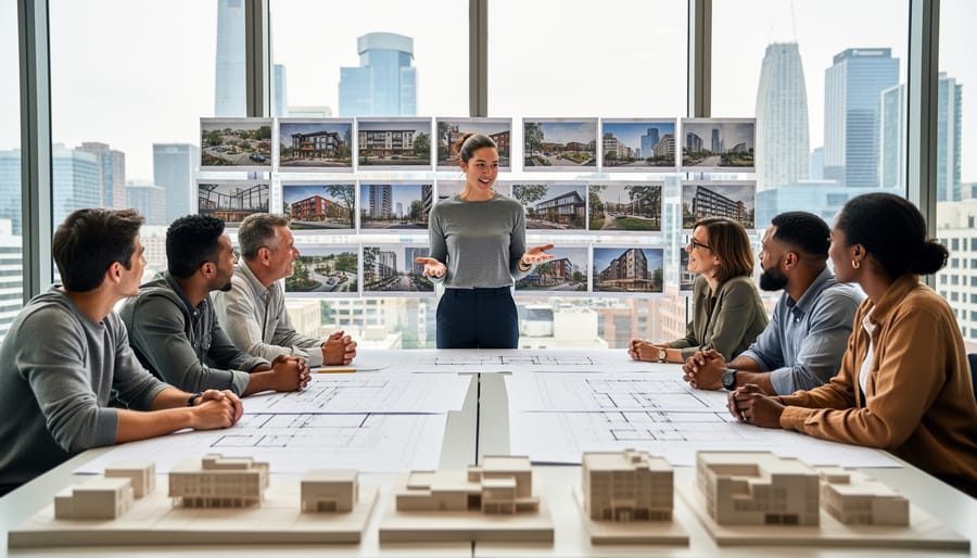 An architect discusses a physical site model with a filmmaker recording in a workshop