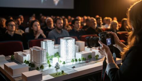 “People attending an architecture design film festival in a screening room, with a scale urban model on a table in the foreground illuminated by the projection glow.”