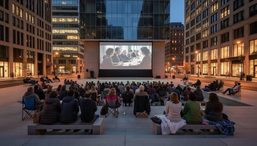 Attendees sit in folding chairs watching an outdoor architecture film projection in an architectural courtyard