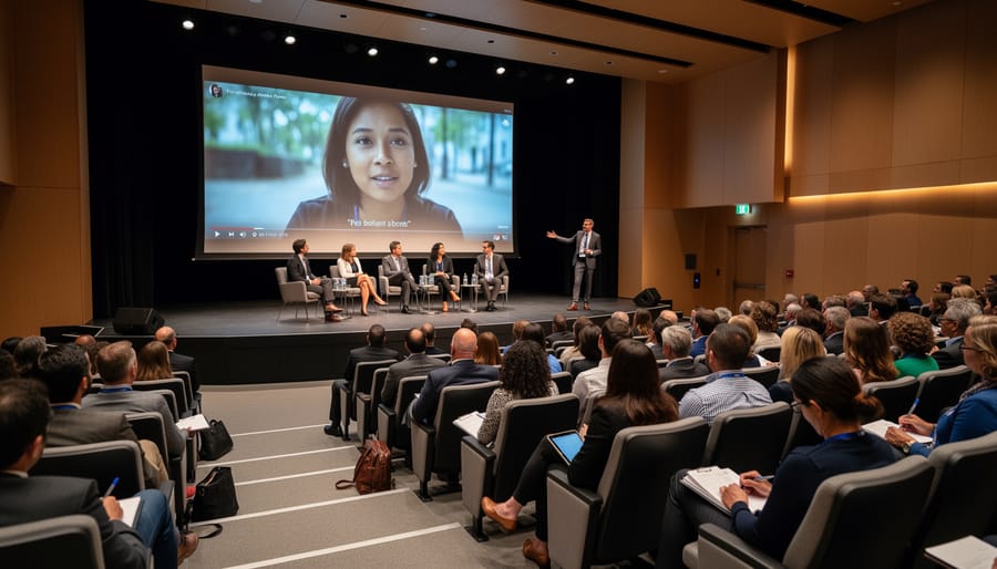 Audience and moderator in a lecture hall during an architecture design film discussion