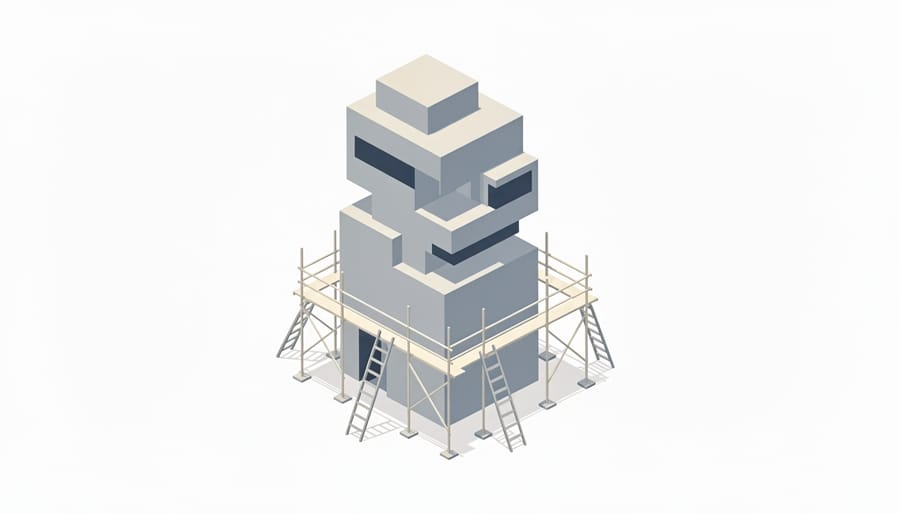 Architects collaborating over a studio architectural model supported by temporary blocks.