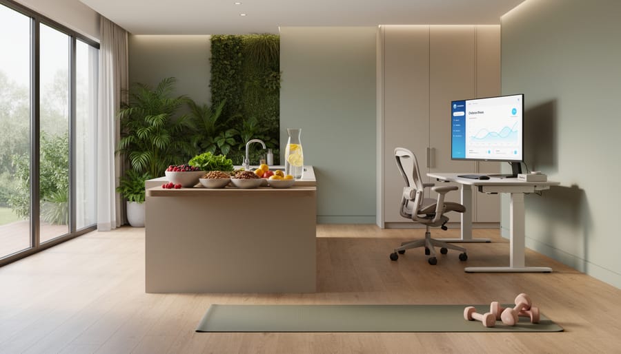 Wellness-oriented biophilic workspace with plants and a person stretching near natural light