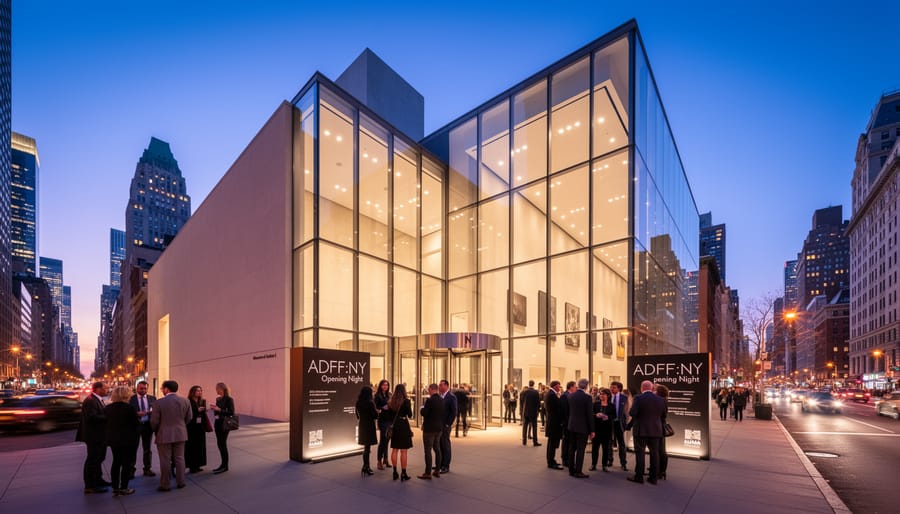 MoMA exterior at dusk with attendees walking toward the entrance
