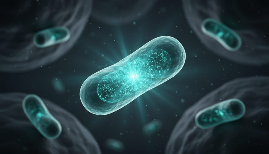 Teal-glowing mitochondria-like structures floating in a dark biological background, symbolizing mitochondrial signaling associated with MOTS-c.