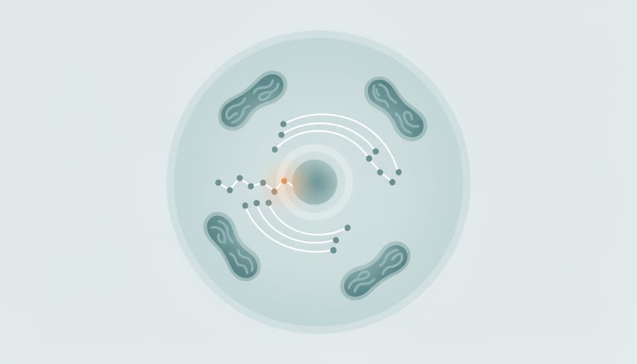 Conceptual image suggesting mitochondria-like structures emitting faint teal light within a dark cellular environment
