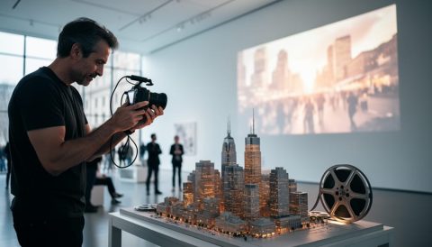 A filmmaker and architectural model in a museum gallery setting with a warm projection glow suggesting an architecture and design film festival.