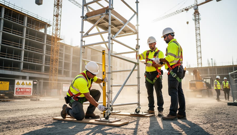 Safety officer inspecting scaffold connections and guardrails on a work platform.