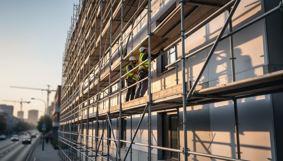 Workers adjusting scaffolding on a building facade in golden hour light.