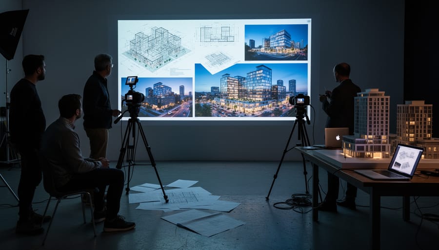Audience members watching an architecture-themed film in a screening room