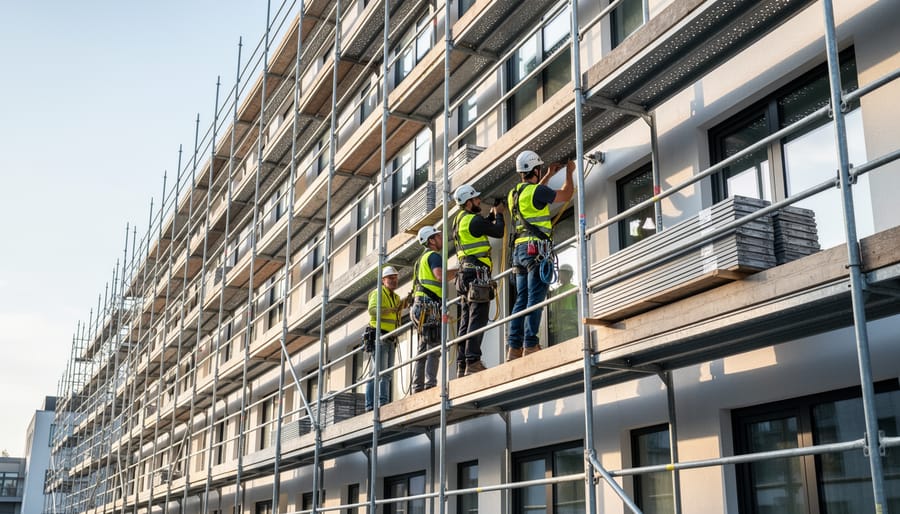 Workers standing on an exterior scaffold platform near a building facade.