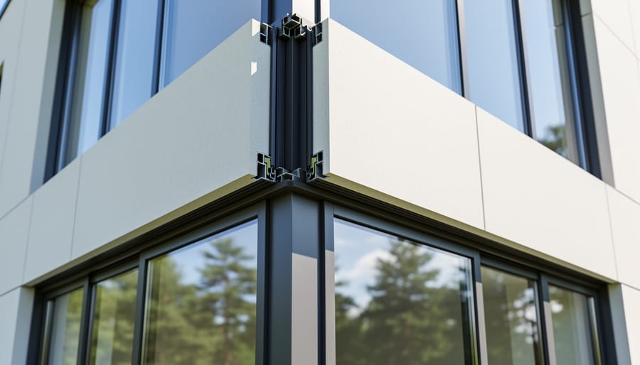 Close-up of high-performance window frame and seals on a modern building façade