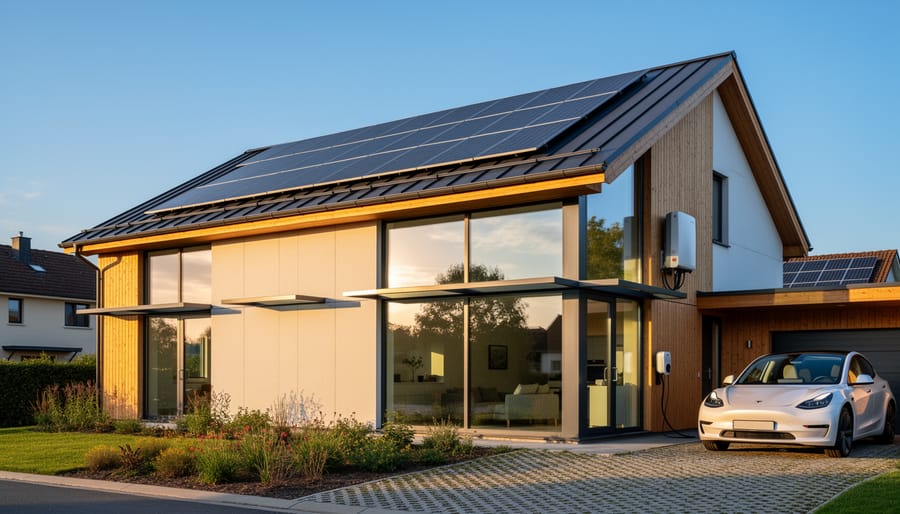 Modern house with solar photovoltaic panels on the roof and large windows in warm golden light