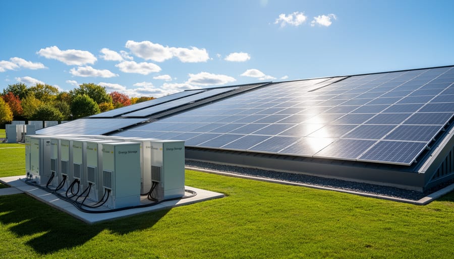 Solar panels on a building roof at twilight with reflective surfaces and nearby battery storage unit
