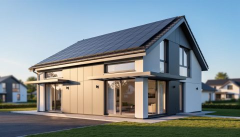A modern energy-efficient house with rooftop solar panels in golden hour sunlight, photographed from a ground-level three-quarter angle with a softly blurred background.