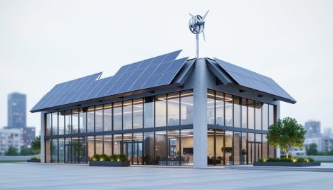 Modern energy-efficient building with rooftop solar panels and a small wind turbine under bright overcast daylight.