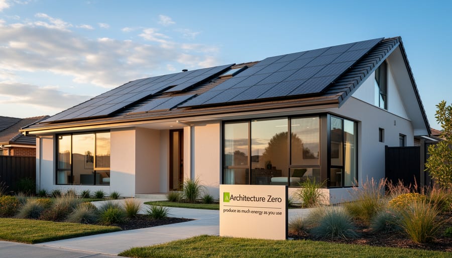 Modern house with rooftop solar photovoltaic panels under an overcast sky